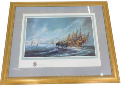 Ben Maile (1922-2017). The sinking of the Mary Rose, limited edition print number 532/650, produced by the Lord Chamberlains office for use of the 1545 Royal coat of arms of Henry VIII, 54cm x 75cm.