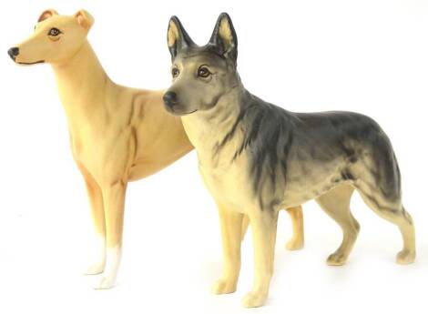 Two Beswick matt glazed dogs, a Greyhound and an Alsatian or German Shepherd.