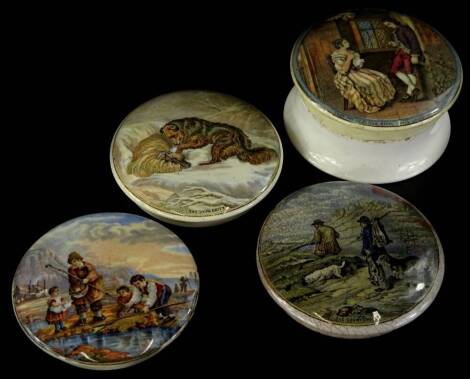 Four Victorian pot lids, to include The Sportsman, The Snowdrift, another titled That No Jealous Rival Shall Laugh Me To Scorn etc.