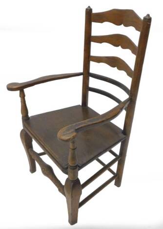 A 19thC ash ladder back chair, with a solid seat on shaped legs with turned stretcher.