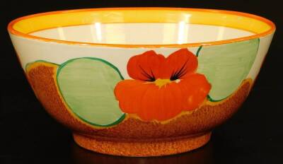 A 1930s Clarice Cliff Nasturtium pattern Bizarre bowl, of circular form, typically decorated, printed marks beneath, 20cm Dia.