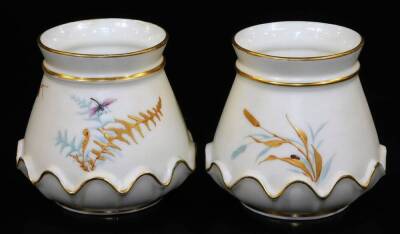 A pair of Royal Worcester blush ivory small squat vases, shape code 991, decorated with butterflies, green marked, 1895, 8cm H. - 2