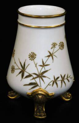 A late 19thC Royal Worcester vase, of circular form, raised with gilt coloured wheat and leaves, on hairy paw feet with an upper fixed gilt banding, green printed mark beneath, 14cm H. - 2