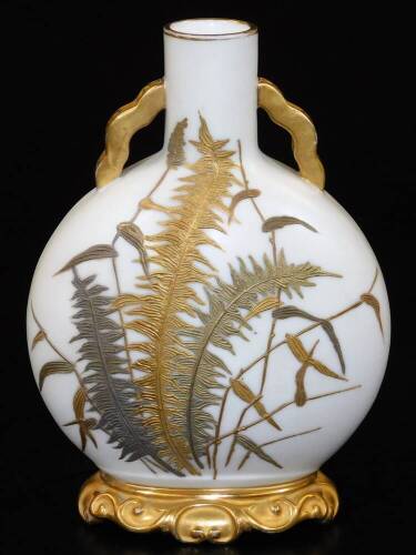 A Royal Worcester blush ivory moon flask, decorated with bronzed and raised paste ferns, c1900, 14cm H.