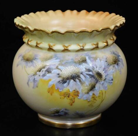 A Royal Worcester blush ivory small jardiniere , decorated with flower groups in grey, shape code 1651, 1894, 9cm H.