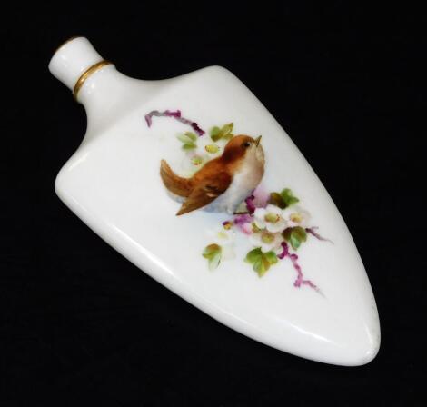 A Royal Worcester scent bottle, decorated with a wren on a apple blossom branch, green factory marked, c1900, 9.5cm H.