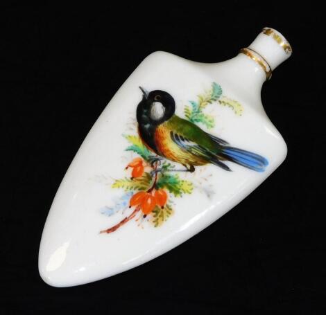 A perfume bottle, probably Royal Worcester, but unmarked, decorated with a bull finch and great tit, c1900, 9.5cm H.