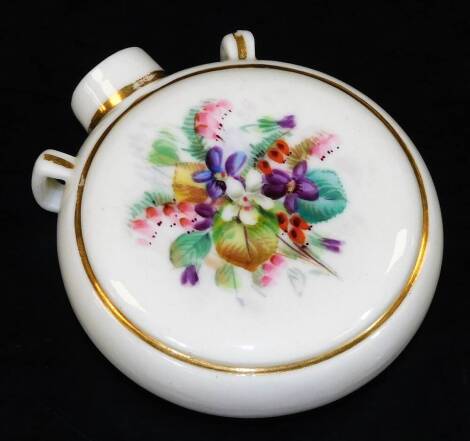 A circular scent bottle, probably Royal Worcester but unmarked, decorated with typical flower sprays, c1900, 6cm Dia.
