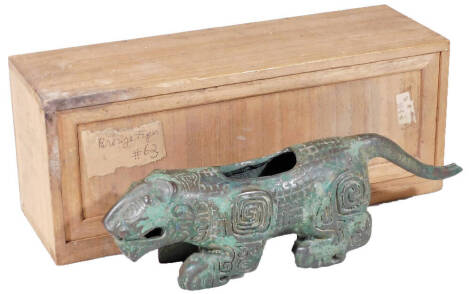 A bronze figure of a crouching tiger, in Chinese archaic style, 25cm W, with Japanese wooden box.
