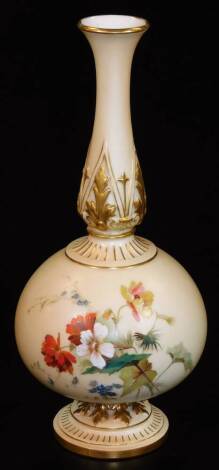 A late 19thC Royal Worcester blush ivory vase, with shaped stem, bulbous body and circular foot, handpainted with summer flowers on a ivory ground, printed marks beneath, no. 2181, 25cm H. (marks rubbed)