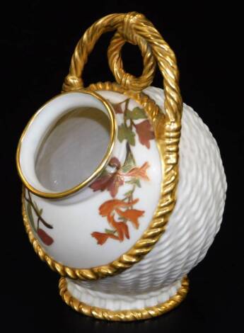 A 19thC Royal Worcester blush ivory porcelain salt box, of typical form, with rope twist handle, on circular foot, handpainted with flowers on an ivory ground, no. 929, printed marks beneath, 17cm H.