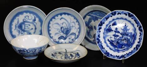 Four Chinese Ming period provincial circular dishes, all painted with underglaze blue central reservoirs, 14cm Dia. etc. (AF), a Chinese bowl with underglaze blue handpainted decoration, 12cm Dia. and a later Chinese octagonal plate with pergoda and lake 