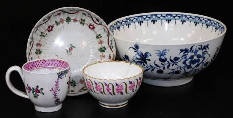 Various late 18th and early 19thC porcelain, comprising a porcelain slop bowl, c1780, with an inner floral and geometric border, decorated with insects and flowers, on a circular foot with open crescent mark, 19cm Dia. a Pearl ware coffee cup and saucer, 