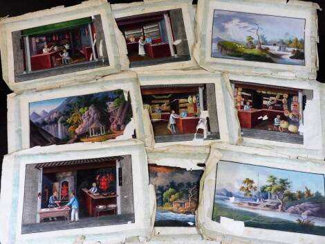 Various Chinese 19thC paintings on paper, to include a variety of shop scenes including milliners, lantern makers, umbrella makers, butchers as well as outside views, 16cm x 25cm, various others. (a quantity)