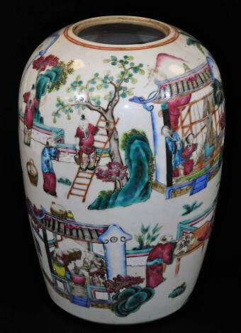A Chinese 19thC porcelain famille rose vase, of shouldered form, profusely decorated with figures, scholars, etc. to include a man climbing a ladder picking fruit, a pagoda scene, various others, etc. 33cm H.