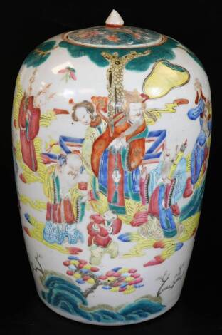 A Chinese porcelain ovoid jar and cover, decorated with a scene of deities and their attendants, in bright enamel colours, unmarked, 32cm H.