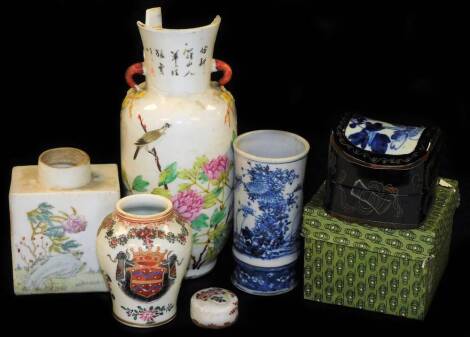 Various Chinese porcelain, a tea caddy of shouldered square form, decorated with various flowers in pink and green with various markings, 14cm H, a Samson style shouldered vase, Japanese cylindrical vase, various others, etc. (a quantity)