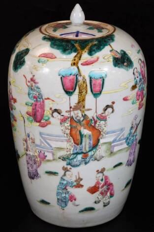 A Chinese porcelain ovoid jar and associated cover, decorated in famille rose palette with figures in flowing robes, phoenix and further flowers, unmarked, 37cm H.