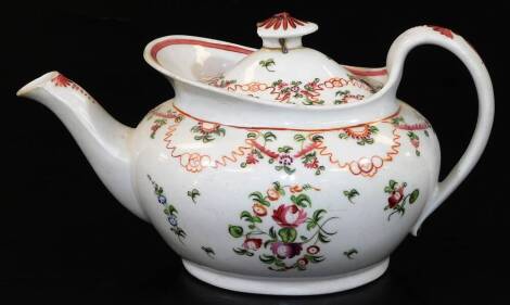 A Newhall old oval shaped teapot and cover, decorated with a knitting pattern no. 195, c1795, marked, 26cm L.