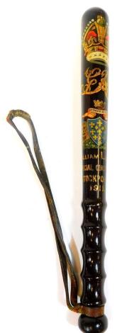 A George V policeman's truncheon, marked William Lloyd Special Constable Stockport 1911, painted with GR and crown crest with Corporate Reform January 1836 crest, with turned handle and leather strap, the main body 38cm W.