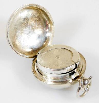 A George V silver spring loaded sovereign case, of circular form, partially engine turned, with fitted interior and hook top, Birmingham 1915, 4cm H. - 2