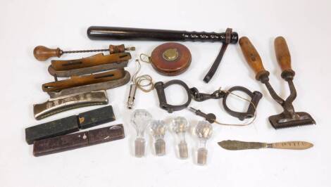 Bygones collectables, etc. a turned wooden truncheon with leather strap, 36cm H, handcuffs, leather tape measure, cut glass and crystal decanter stoppers, etc. (a quantity)