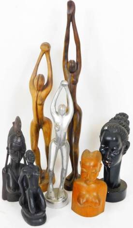 Various African Tribal and other figure groups, treen, etc, a bust of a lady 36cm H, various others, nude torso, etc. (a quantity)