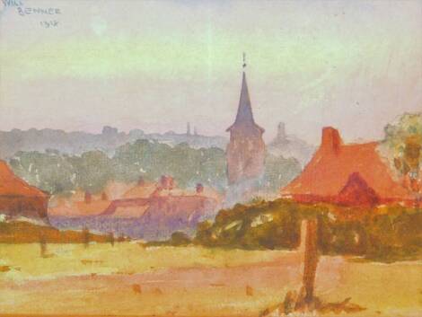 •William Benner (1884-1964). Country landscape, houses and church on a summer's day, watercolour, signed and dated 1918, 13cm x 17cm.