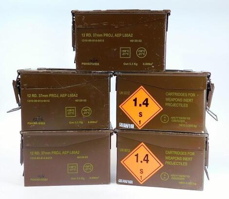 Various 12RD 37mm metal ammunition cases, marked PSH/1216/012, in brown with red and green lettering and side carrying handle, 30cm W. (5)