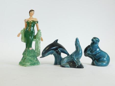 A Coalport limited edition figure Jade , no. 625/7500, printed marks beneath, with certificates, 25cm H and three Wade items. (4)