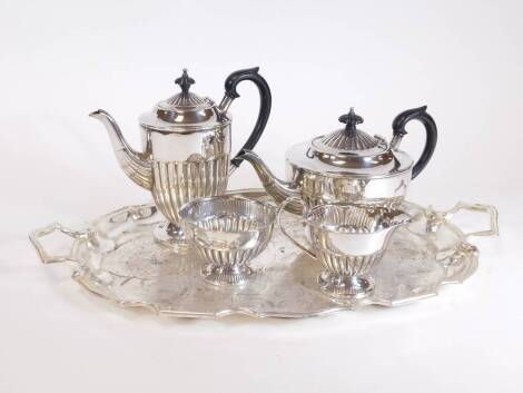 Various silver plated ware, coffee service of part gadrooned form to include coffee pot, teapot, milk jug, etc. and shaped plated tray, 54cm W. (a quantity)