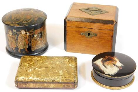 A late 19thC oak money box, with metal slots to the top, a papier mache box set with collie, 8cm Dia. metal cigarette case and a Chinese ebony string box with dome top lid. (4)