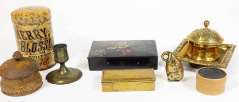 Various metalware, bygones, collectables, etc. a hammered brass stamp case with three sectional interior, lidded treen box, Cherry Blossom Toilet Powder advertising tin, brass inkwell on square base, etc. (a quantity)