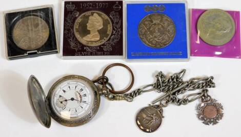 Various cased commemorative coins, to include Silver Jubilee 1952-1977, a silver chain with plain links broken by elongated sections and a hunter pocket watch, the fancy dial marked K Serkisoff & Co, Constantinople, silver import case, 6cm H. (a quantity