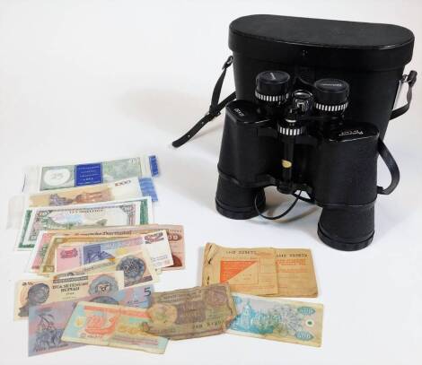 Various world used bank notes, to include 1000 Mil Cruzadus, etc. and a pair of Pathescope binoculars. (a quantity)