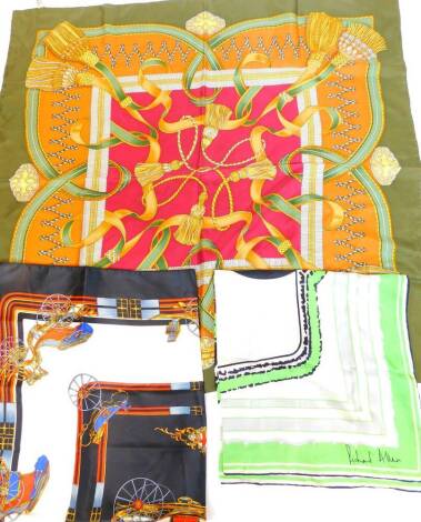 Various silk scarves, one showing the Rank Distribution emblem, another Salvatore Fecagausso, 88cm W, etc. (3)