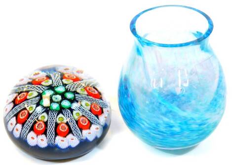 A Millefiori glass paperweight, decorated with twisted canes, possibly Whitefriars, 8cm H Dia. and a Caithness vase. (2)