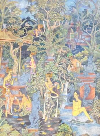 Eastern School. Ladies in various poses to include bathing, annotating, etc. within an elaborate leafy setting, oil on fabric, indistinctly signed, possibly Indonesian, 58cm x 43cm.