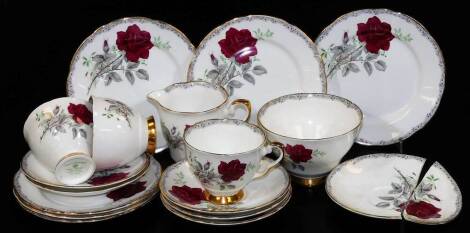 Sir Stanley Matthews interest. A Royal Stafford Roses To Remember part tea service, some pieces signed Stanley Matthews, to include cups, saucers, 14cm W, etc. (a quantity)