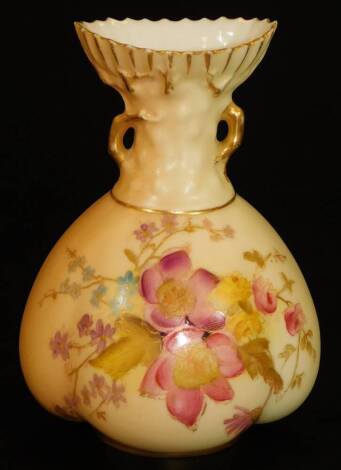 A Royal Worcester blush ivory bulbous vase, decorated with flowers, shape code 1663, c1907, 11cm H.