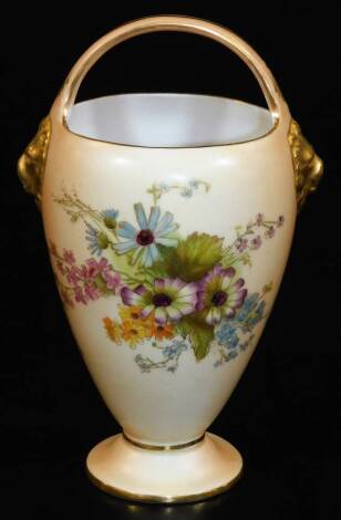 A Royal Worcester blush ivory handled vase, decorated with flower groups, shape code G/50, puce marked, 1909, 13cm H.