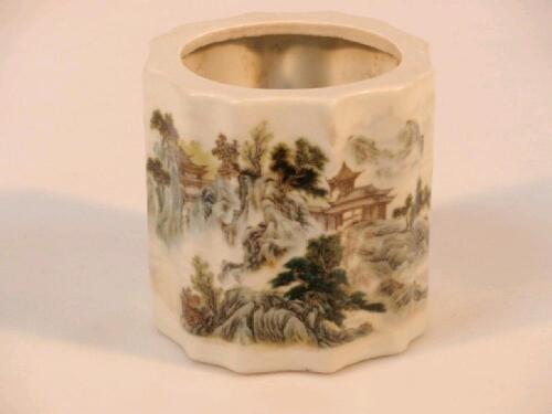 A Chinese porcelain brush pot with lobed cylindrical body