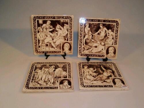 Four Minton, Hollins & Co large tiles, after Moyr Smith, printed in brown