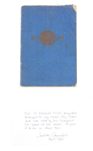 A St Edwards School prayer book belonging to Guy Gibson VC, with two signatures of Guy Gibson, signed Gibson, with forwarding letter of provenance to the vendor from Janet De Grailsford, April 1995, stating 'This St Edwards School prayer book belonged to