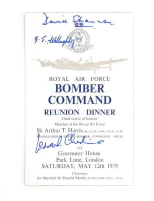 Royal Air Force Bomber Command Reunion Dinner Menu signed by 617 Squadron, and other notable Bomber Command Members, to include David Shannon, Leonard Cheshire VC, Hamish Mahaddie, Marshall of The Royal Air Force Arthur T Harris, Eve Gibson (Guy Gibson VC