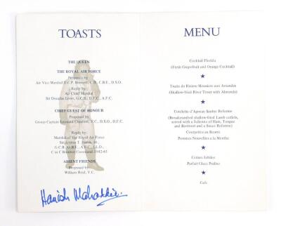 Royal Air Force Bomber Command Reunion Dinner Menu signed by 617 Squadron, and other notable Bomber Command Members, to include David Shannon, Leonard Cheshire VC, Hamish Mahaddie, Marshall of The Royal Air Force Arthur T Harris, Eve Gibson (Guy Gibson VC - 2