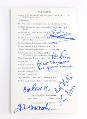 Royal Air Force Bomber Command Reunion Dinner Menu signed by 617 Squadron, and other notable Bomber Command Members, to include David Shannon, Leonard Cheshire VC, Hamish Mahaddie, Marshall of The Royal Air Force Arthur T Harris, Eve Gibson (Guy Gibson VC - 3