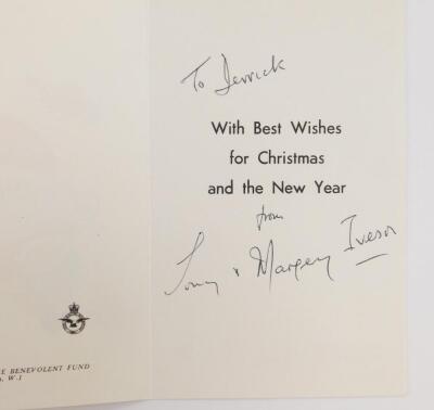 Royal Air Force Bomber Command Reunion Dinner Menu, to include signatures of 617 Squadron Members David Shannon, Mick Martin, and others, together with two Christmas cards to the vendor, one signed by 617 Squadron Member Tony Iveson, the other signed by R - 5