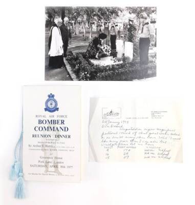 Royal Air Force Bomber Command Reunion Dinner Menu, signed by Marshall of The Royal Air Force Arthur T Harris, along with Eve Gibson's signature (wife of famous Dambuster Guy Gibson VC), together with a photograph of Eve Gibson visiting the graves of her