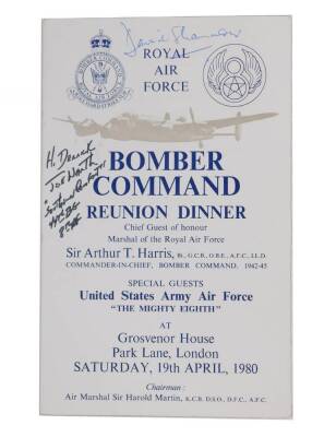 Royal Air Force Bomber Command Reunion Dinner Menu, signed by 617 Squadron Dambuster David Shannon DSO and Bar, DFC and Bar, together with signatures of 8th United States Army Air Force Veterans.